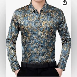 EUC ZEROYAA Luxury Paisley/green Long Sleeve Shirt Button Down, Slim Medium